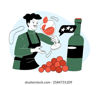 Sommelier tasting red wine, holding a glass with a pleased expression, grapes and bottle beside, on a light background, concept of wine tasting