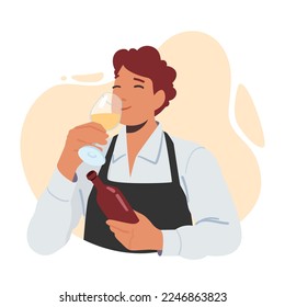 Sommelier Tasting Wine Concept. Specialist Male Character Tasting Aroma and Drink Beverage from Wineglass. Alcohol Drink Degustation, Tasting Process. Cartoon People Vector Illustration