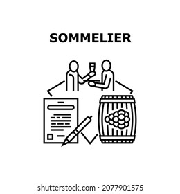 Concepto de Icono del Vector de Vino de Dosor. Sumiller Degustando Bebidas Alcohólicas De Vino Preparadas A Partir De Un Informe De Uva Y Escritura. Calidad De Gusto Del Hombre De La Bebida De Alcohol De Vino Ilustración Negra