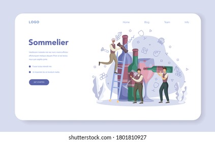 Sommelier testing wine web banner or landing page. Man with a bottle of grape wine and glass full of alcohol drink. Grape wine in a wood barrel, wine storage. Isolated vector illustration