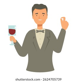 Sommelier in tuxedo enjoying and presenting glass of red wine at degustation