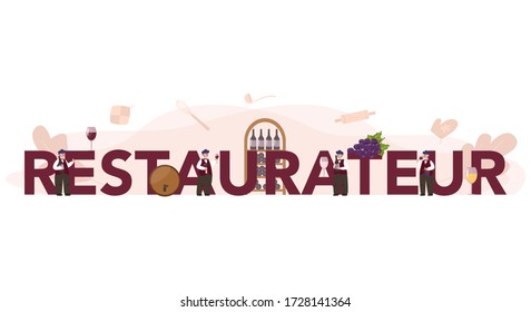 Sommelier typographic header concept. Man with a bottle of grape wine and glass full of alcohol drink. Grape wine in a wood barrel, wine storage. Isolated vector illustration