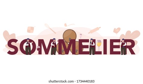 Sommelier typographic header concept. Man with a bottle of grape wine and glass full of alcohol drink. Grape wine in a wood barrel, wine storage. Isolated vector illustration