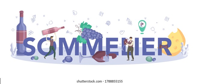 Sommelier typographic header. Man with a bottle of grape wine and glass full of alcohol drink. Grape wine in a wood barrel, wine storage. Isolated vector illustration