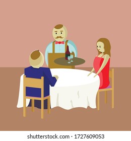 Sommelier - camarero en la mesa con los visitantes