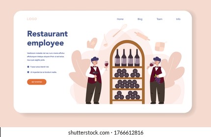 Sommelier web banner or landing page. Man with a bottle of grape wine and glass full of alcohol drink. Grape wine in a wood barrel, wine storage. Isolated vector illustration