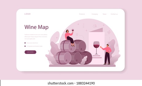 Sommelier web banner or landing page. Specialist with a bottle of grape wine and glass full of alcohol drink. Grape wine in a wood barrel, wine storage. Isolated vector illustration