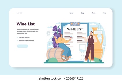 Sommelier web banner or landing page. Specialist with a glass full of alcohol drink. Bottle of grape wine degustation. Grape wine in a wood barrel, wine storage. Isolated vector illustration