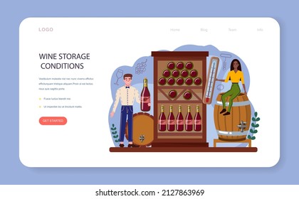 Sommelier Web Banner Or Landing Page. Specialist With A Glass Full Of Alcohol Drink. Bottle Of Grape Wine Degustation. Grape Wine In A Wood Barrel, Wine Storage. Isolated Vector Illustration