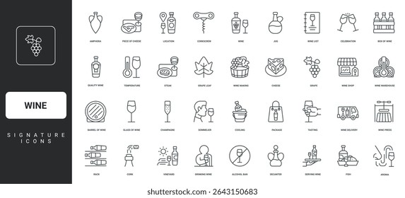 Sommelier and wine serving with fish, steak or cheese thin black symbols vector illustration. Wine and winery, alcohol in glass and bottle, decanter and cellar barrel, vineyard line icon set.