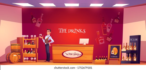 Sommelier in wine shop holding wineglass in hand. Seller examine beverage in store interior with alcohol drink bottles stand on wooden shelves, counter desk and billboard. Cartoon vector illustration