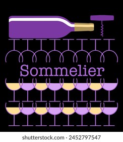 A sommelier, or wine steward and wine expert is the theme of this 3-d illustration. Wine glasses, stemware, bottle and corkscrew are seen with red and white  in an abstract wine logo.