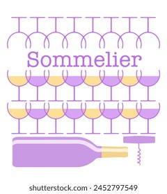 A sommelier, or wine steward and wine expert is the theme of this 3-d illustration. Wine glasses, stemware, bottle and corkscrew are seen with red and white  in an abstract wine logo.