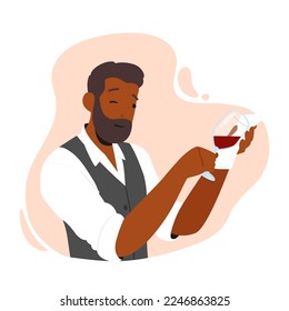 Sommelier or Wine Steward Holding Wineglass with Luxury Beverage. Specialist Taster Male Character Tasting Alcohol Drinks in Winery Bar or Restaurant. Cartoon People Vector Illustration