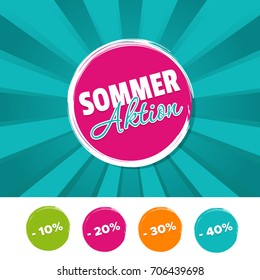 Sommer Aktion Banner und 10%, 20%, 30% & 40% reduziert Buttons. Eps10 Vector.