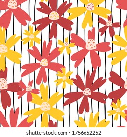 Algunas flores son un patrón vectorial repitiendo sin fisuras. Flores rojas, rosas, amarillas sobre un fondo rayado negro y blanco. Flores de estilo escandinavo para tela, empaque, decoración casera