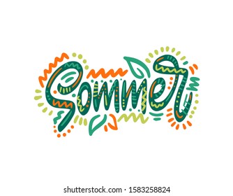 Sommer - Summer in German. Hand Lettering word. Handwritten modern brush typography sign. Greetings for icon, logo, badge, cards, poster, banner, tag. Colorful Vector illustration
