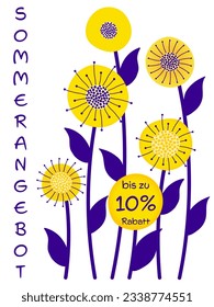 Sommerbis zu 10 % Rabatt - Text in deutscher Sprache - Sommerangebot bis zu 10 % Rabatt. Verkaufsbanner mit abstrakten Blumen in Gelb und Violett.