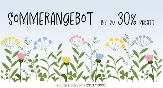 Sommerbis zu 30 % Rabatt - Text in deutscher Sprache - Sommerangebot bis zu 30 % Rabatt. Verkaufsbanner mit Blumen in Pastellfarben.