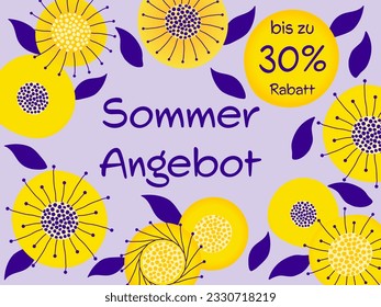 Sommerangebot bis zu 30% Rabatt - text in German language - Summer offer up to 30% off. Salesbanner with abstract yellow flowers on a purple background.