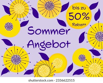 Sommerbis zu 50 % Rabatt - Text in deutscher Sprache - Sommerangebot bis zu 50 % Rabatt. Salesbanner mit abstrakten gelben Blumen auf violettem Hintergrund.