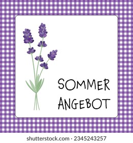 Sommerangebot - texto en alemán - oferta de verano. Banner de venta con un pequeño ramo de lavanda y un marco de cuadros morados y blancos.