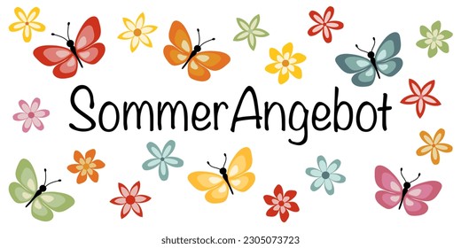Sommerverkauf auf Deutsch. Verkaufsbanner mit bunten Schmetterlingen und Blumen.