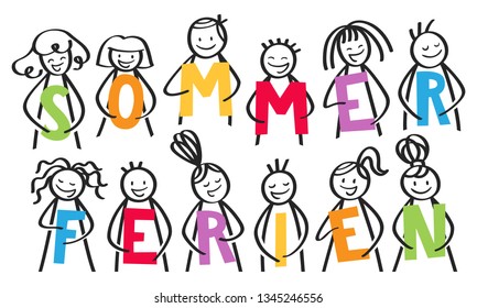 SOMMERFERIEN, German for summer holidays, group of stick people holding colorful letters isolated on white background