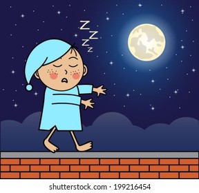 somnambulist walking on the roof of the night sky and the full moon