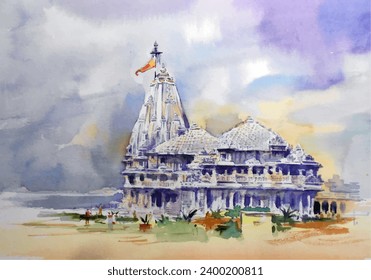 Somnath Temple Hand Painted in Watercolor, Somnath, Gujarat