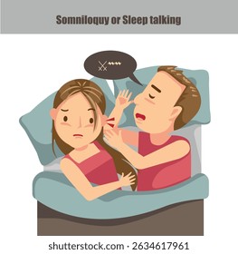 Somniloquy or Sleep Cartoon Couple in Bed with Snoring Problem