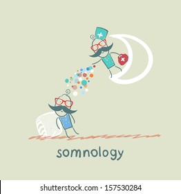 somnology standing on the moon and throws multicolored medication to a patient who is sleeping