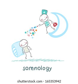 somnology standing on the moon and throws multicolored medication to a patient who is sleeping