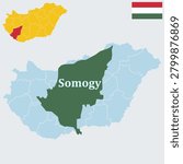 Somogy Hungary Map and Flag - Kaposvár Capital, Lake Balaton and Drava River Vector Outline.
