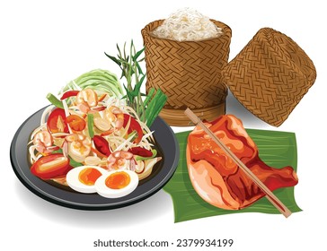 Somtam or papaya salad withshrimp, cabbage Morning glory, boiled egg and grilled chicken with sticky rice
All of these illustrations are in vector file format.