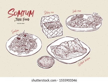 Somtum Collection, Somtum, Grilled chicken, sticky rice and larb moo. Thai food. Hand draw sketch vector.