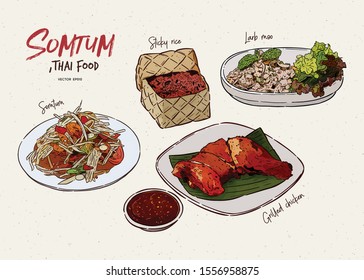 Somtum Collection, Somtum, Grilled chicken, sticky rice and larb moo. Thai food. Hand draw sketch vector.