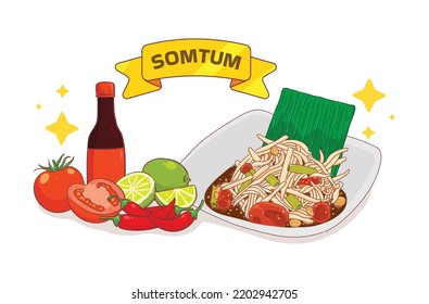 Somtum Thai food spicy papaya salad hand drawn cartoon illustration