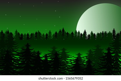 Somwhere in the night, in deep forest. The great night forest before big light moon, and stars behind it. Night travelling in deep evening wood.