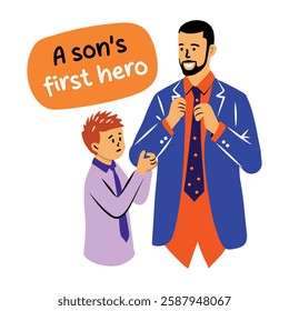 Son admiring dressing up dad with a son first hero text, flat sticker