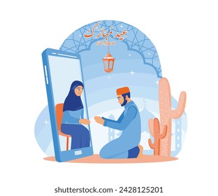 Son apologizes to his parents via cell phone. Celebrate Eid al-Fitr online. Happy Eid Mubarak concept. flat vector modern illustration 