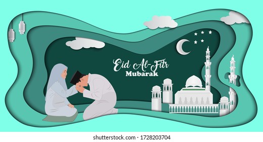 Son asking his mother for forgiveness as part of the the Islamic celebration of Eid al-Fitr. Flat style vector illustration for Eid greeting card, banner and poster. Eid Mubarak vector illustration