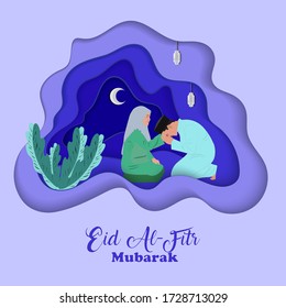 Son asking his mother for forgiveness as part of the the Islamic celebration of Eid al-Fitr. Flat style vector illustration for Eid greeting card, banner and poster. Eid Mubarak vector illustration