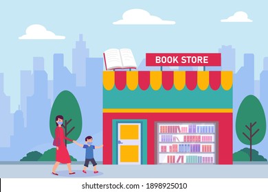 Son asks mother to a book store 2D flat vector concept for banner, website, illustration, landing page, flyer, etc