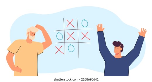 Son beating dad at tic-tac-toe flat vector illustration. Young and elderly men playing oughts and crosses. Game, winning, failure, recreation concept for banner, website design or landing web page
