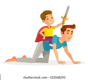 Son character ride father like horse. Vector flat cartoon illustration