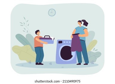 Son with clothes basket stretching it to mother doing laundry. Boy helping parent to load washing machine flat vector illustration. Household concept for banner, website design or landing web page