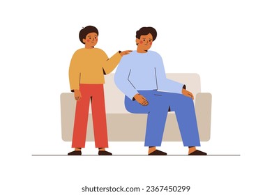 Son consoling sad father and puts hand on his shoulder. Teenager boy calms and cares about his unhappy parent. Family support concept. Vector illustration