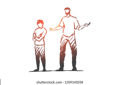 Son, dad, child, angry, scold, naughty concept. Hand drawn naughty son and dad concept sketch. Isolated vector illustration.