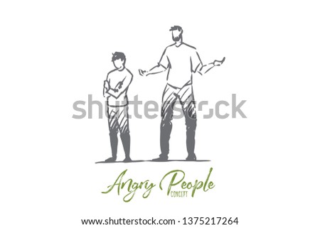 Son, dad, child, angry, scold, naughty concept. Hand drawn naughty son and dad concept sketch. Isolated vector illustration.